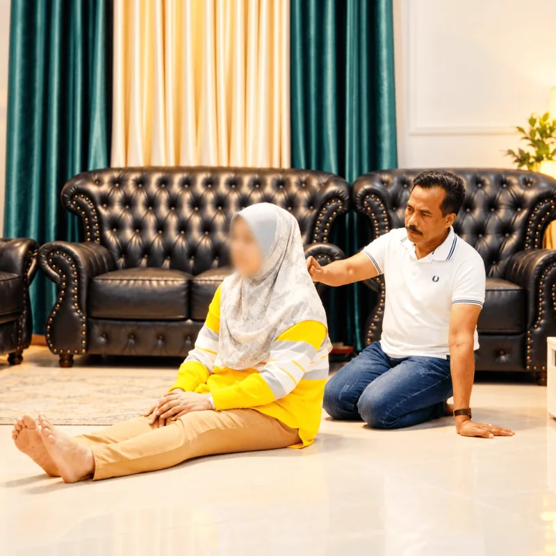 Suasana ruang rawatan dengan susunan tempat duduk dan dua individu.